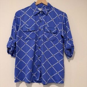 Lulu-B Blue Chain Pattern Button Up Shirt 3/4 Sleeve Nylon S